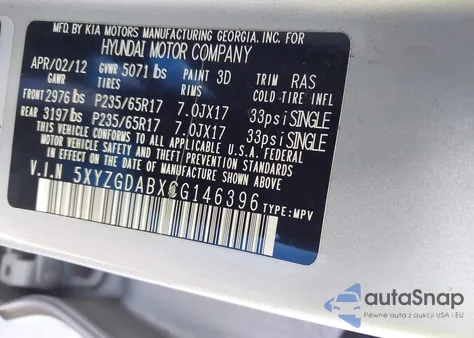 2012 Hyundai Santa Fe Gls z USA, uszkodzony, nr VIN 5XYZGDABXCG146396